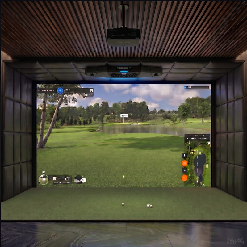 Foresight Sports Falcon custom installed golf simulator room with leatherette wall and ceiling padding.