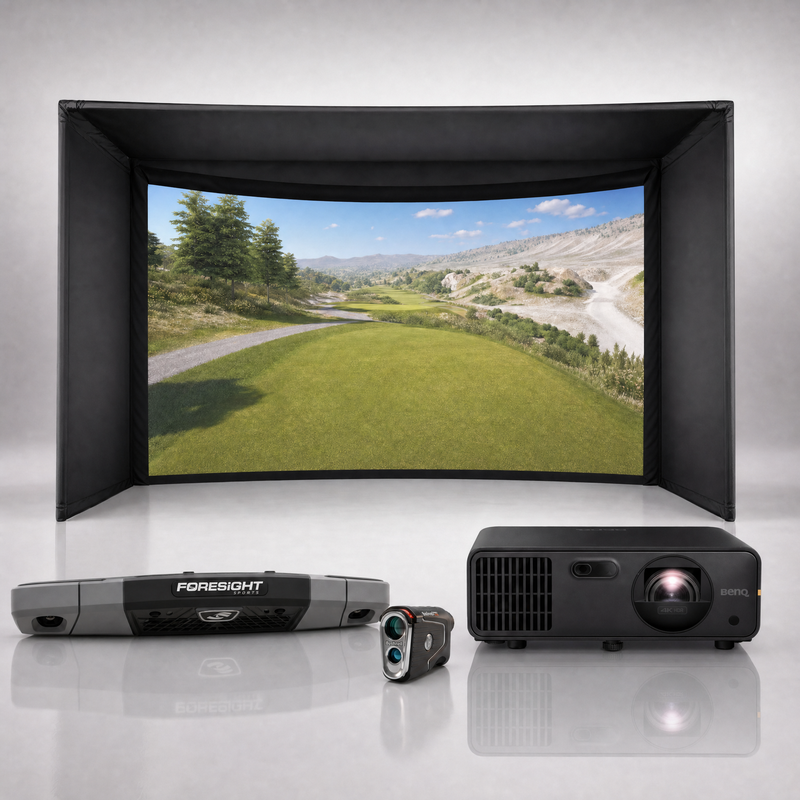 Foresight Sports Falcon launch monitor package hero image showing the Carl's Place Curved Golf Simulator Enclosure with a BenQ short-throw projector on a grey studio background.