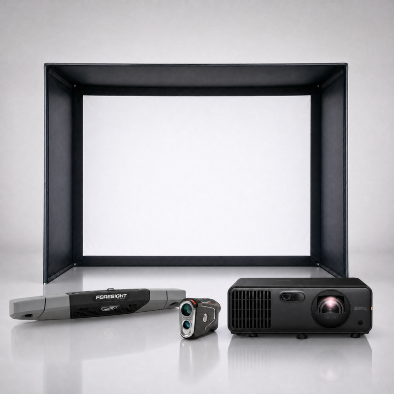 Foresight Sports Falcon launch monitor package hero image showing the SIG DIY Golf Simulator Enclosure with a BenQ short-throw projector on a grey studio background.