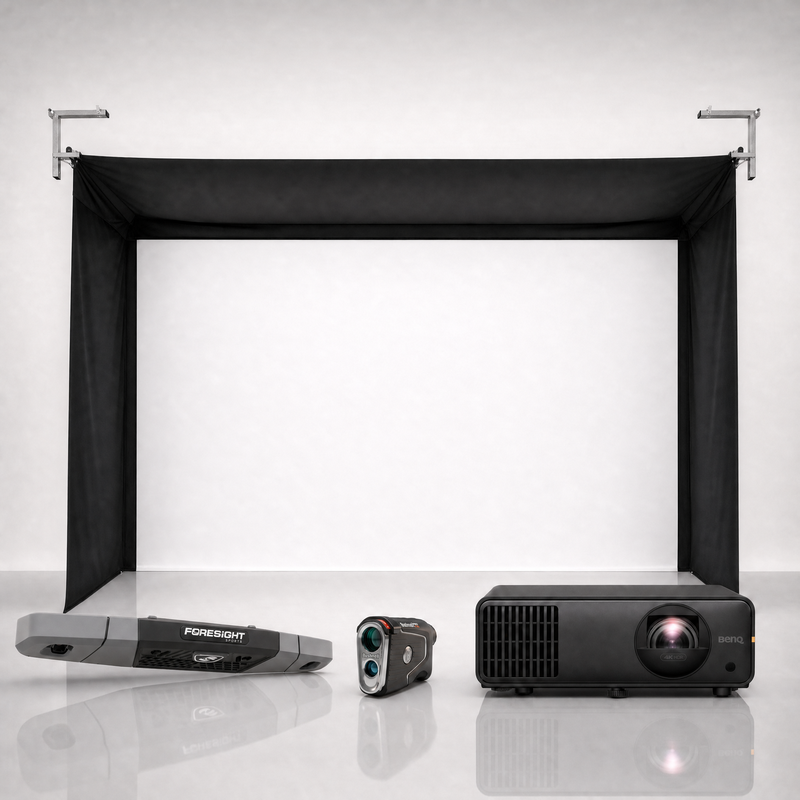 Foresight Sports Falcon launch monitor package hero image showing the SportScreen Vanish Golf Simulator Enclosure with a BenQ short-throw projector on a grey studio background.