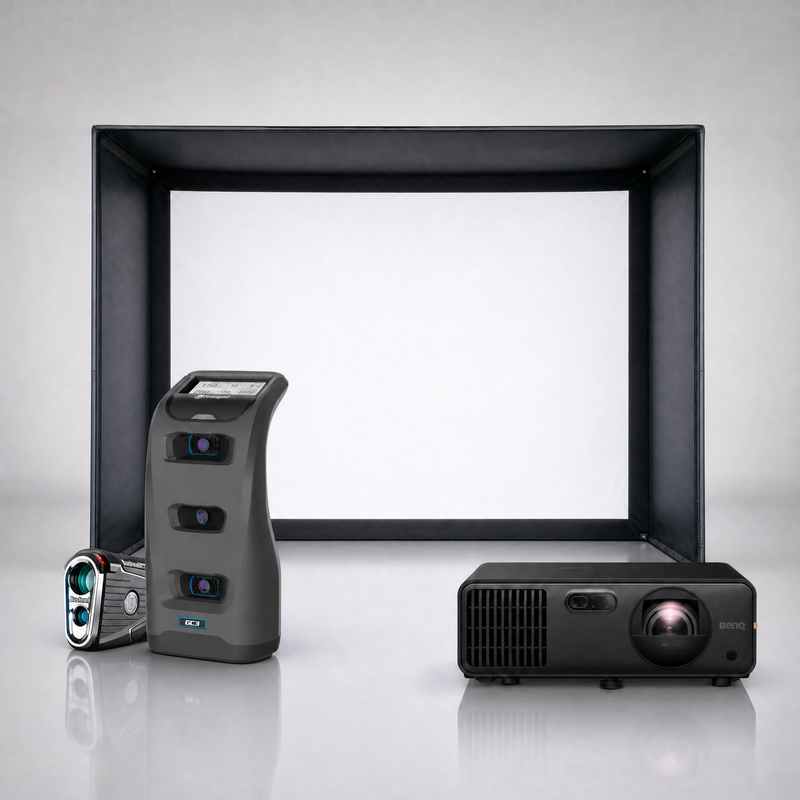 Foresight Sports GC3 launch monitor package hero image showing the SIG DIY Golf Simulator Enclosure with a BenQ short-throw projector on a grey studio background.