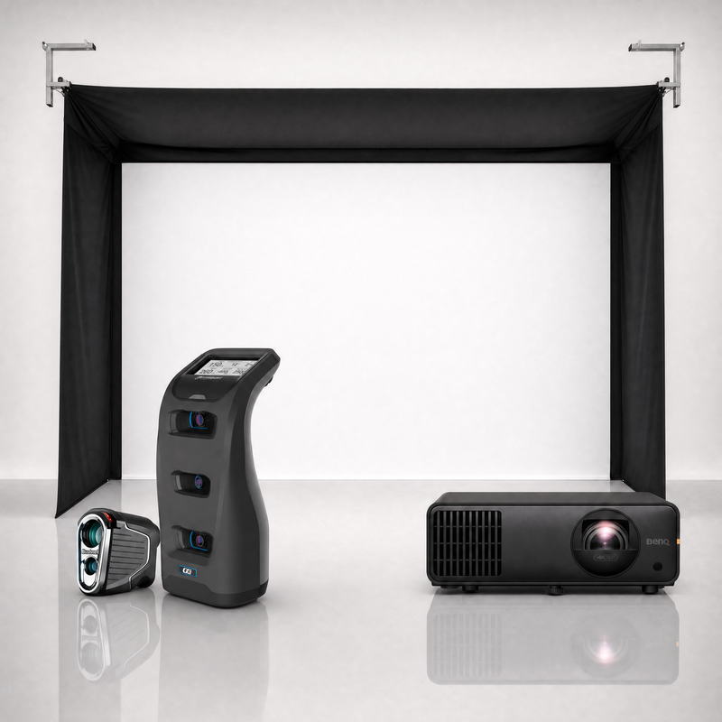 Foresight Sports GC3 launch monitor package hero image showing the SportScreen Vanish Golf Simulator Enclosure with a BenQ short-throw projector on a grey studio background.