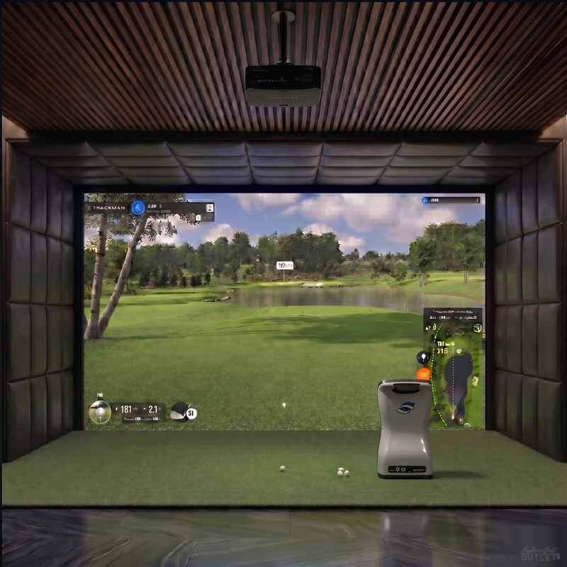 Foresight Sports GCQuad custom installed golf simulator room with leatherette wall and ceiling padding.