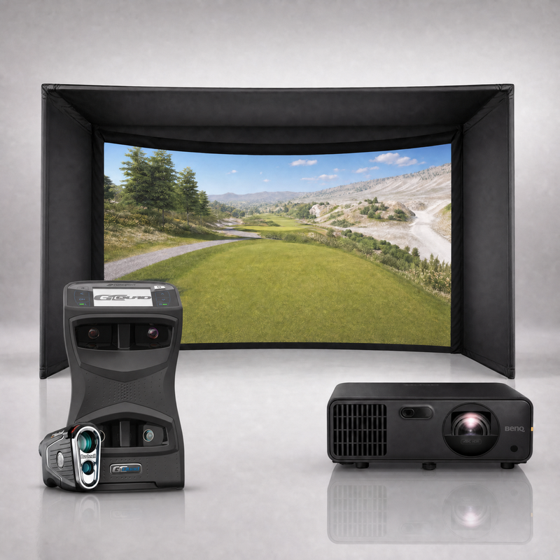 Foresight Sports GCQuad launch monitor package hero image showing the Carl's Place Curved Golf Simulator Enclosure with a BenQ short-throw projector on a grey studio background.