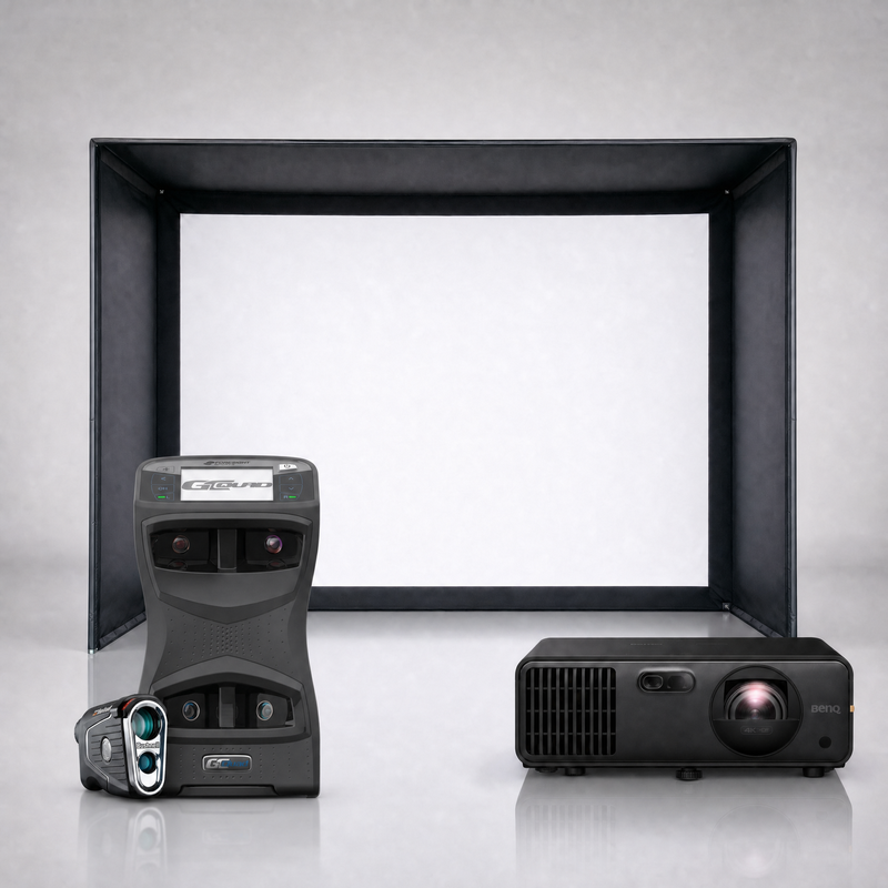 Foresight Sports GCQuad launch monitor package hero image showing the SIG DIY Golf Simulator Enclosure with a BenQ short-throw projector on a grey studio background.