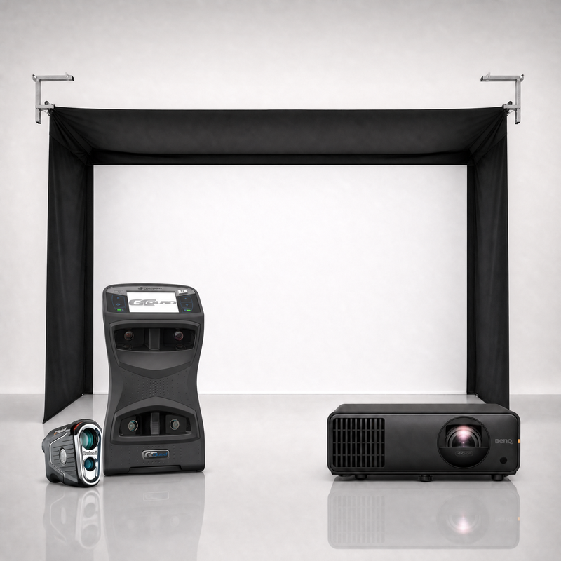 Foresight Sports GCQuad launch monitor package hero image showing the SportScreen Vanish Golf Simulator Enclosure with a BenQ short-throw projector on a grey studio background.