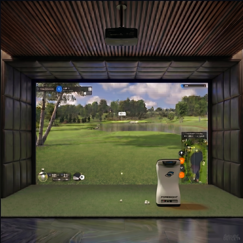 Foresight Sports QuadMAX custom installed golf simulator room with leatherette wall and ceiling padding.