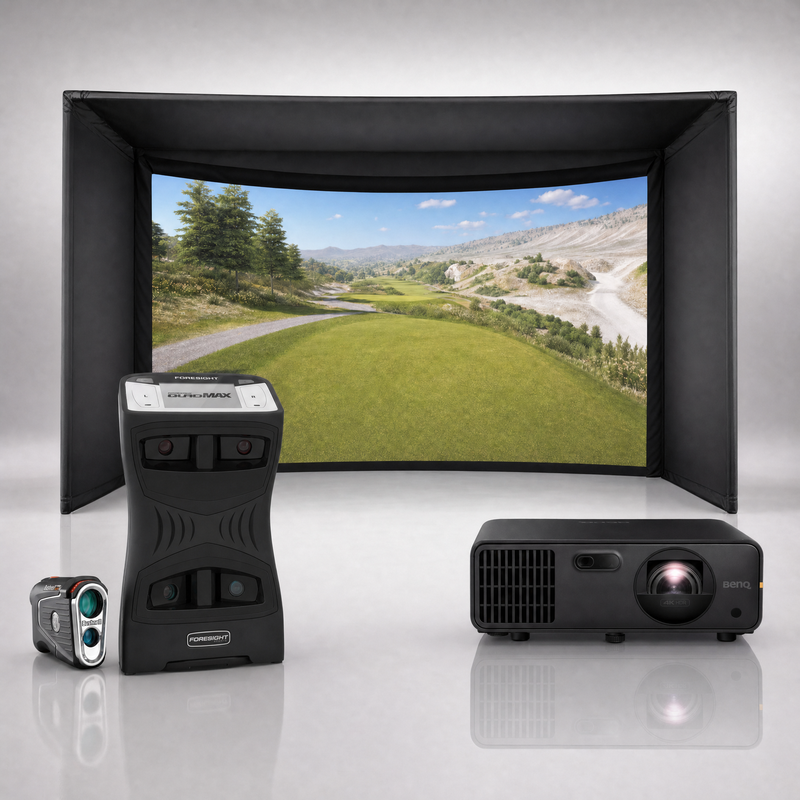 Foresight Sports QuadMAX launch monitor package hero image showing the Carl's Place Curved Golf Simulator Enclosure with a BenQ short-throw projector on a grey studio background.