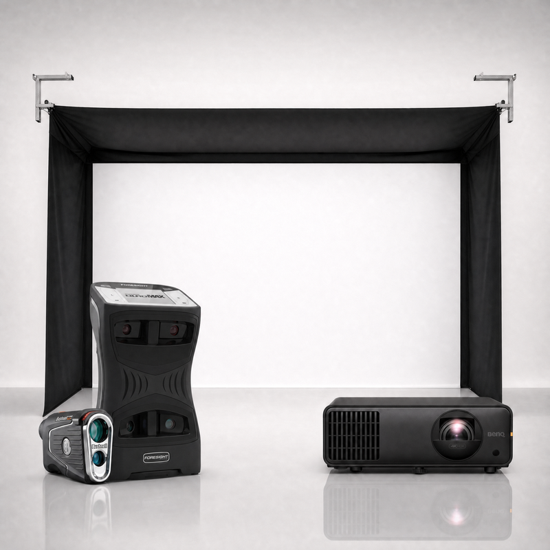 Foresight Sports QuadMAX launch monitor package hero image showing the SportScreen Vanish Golf Simulator Enclosure with a BenQ short-throw projector on a grey studio background.