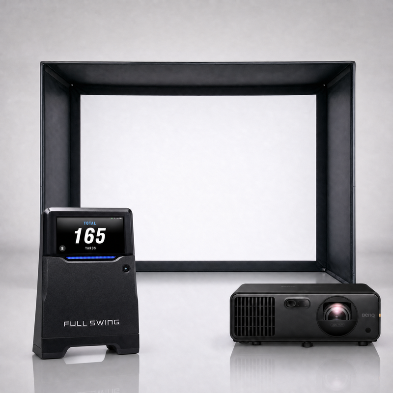 Full Swing KIT launch monitor package hero image showing the SIG DIY Golf Simulator Enclosure with a BenQ short-throw projector on a grey studio background.