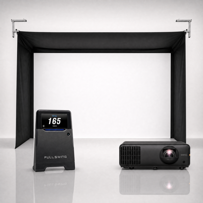Full Swing KIT launch monitor package hero image showing the SportScreen Vanish Golf Simulator Enclosure with a BenQ short-throw projector on a grey studio background.