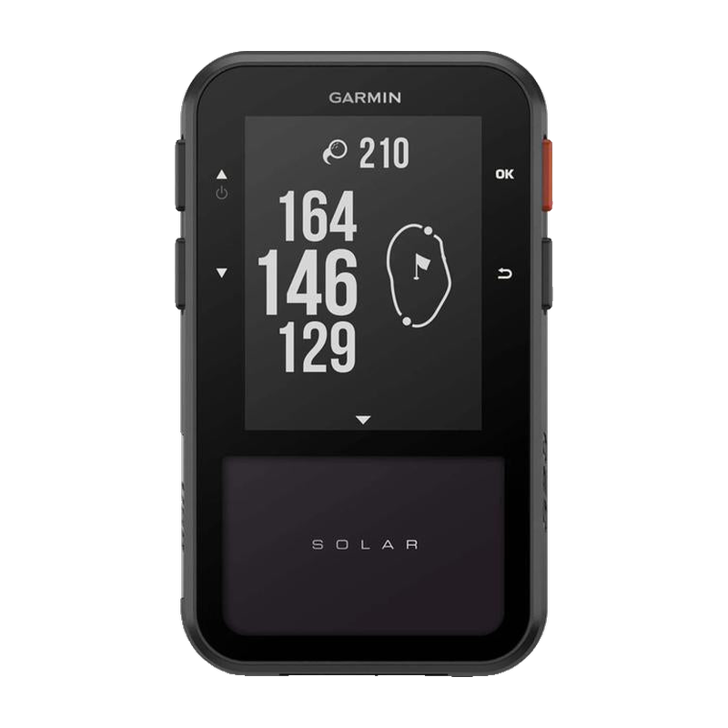 Garmin Approach G20 Solar Handheld Golf GPS front view distance display.