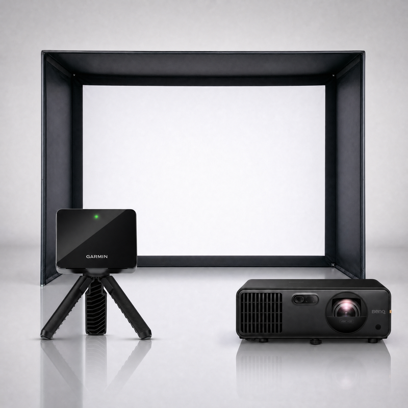 Garmin Approach R10 launch monitor package hero image showing the SIG DIY Golf Simulator Enclosure with a BenQ short-throw projector on a grey studio background.