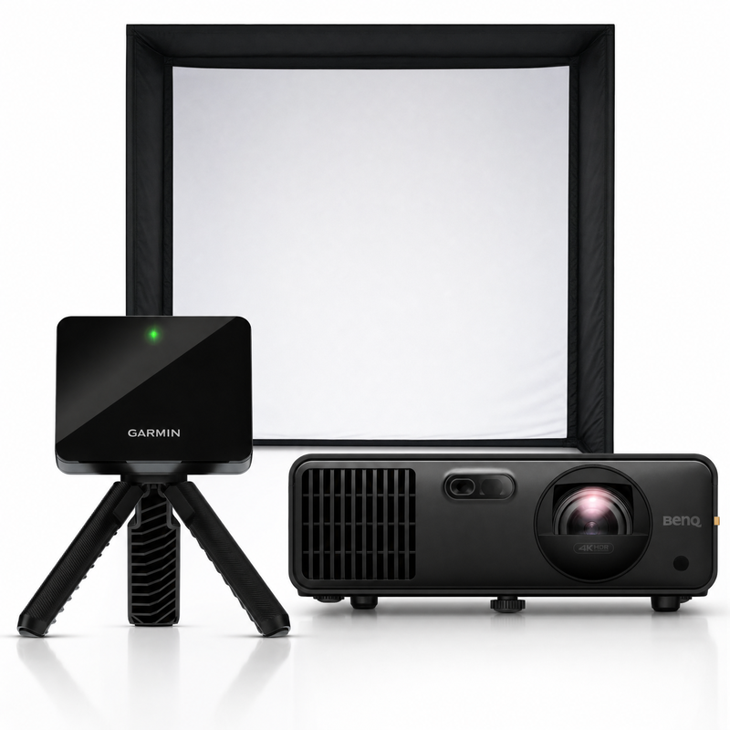 Garmin Approach R10 launch monitor with SIG enclosure and projector golf simulator package