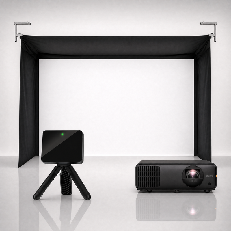 Garmin Approach R10 launch monitor package hero image showing the SportScreen Vanish Golf Simulator Enclosure with a BenQ short-throw projector on a grey studio background.
