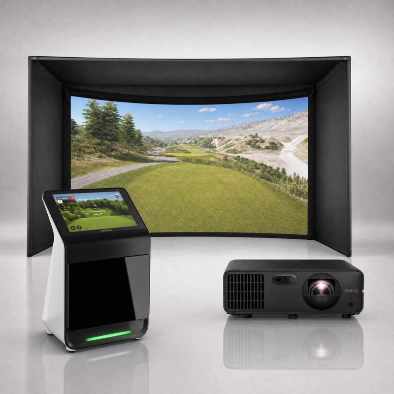 Garmin Approach R50 launch monitor package hero image showing the Carl's Place Curved Golf Simulator Enclosure with a BenQ short-throw projector on a grey studio background.