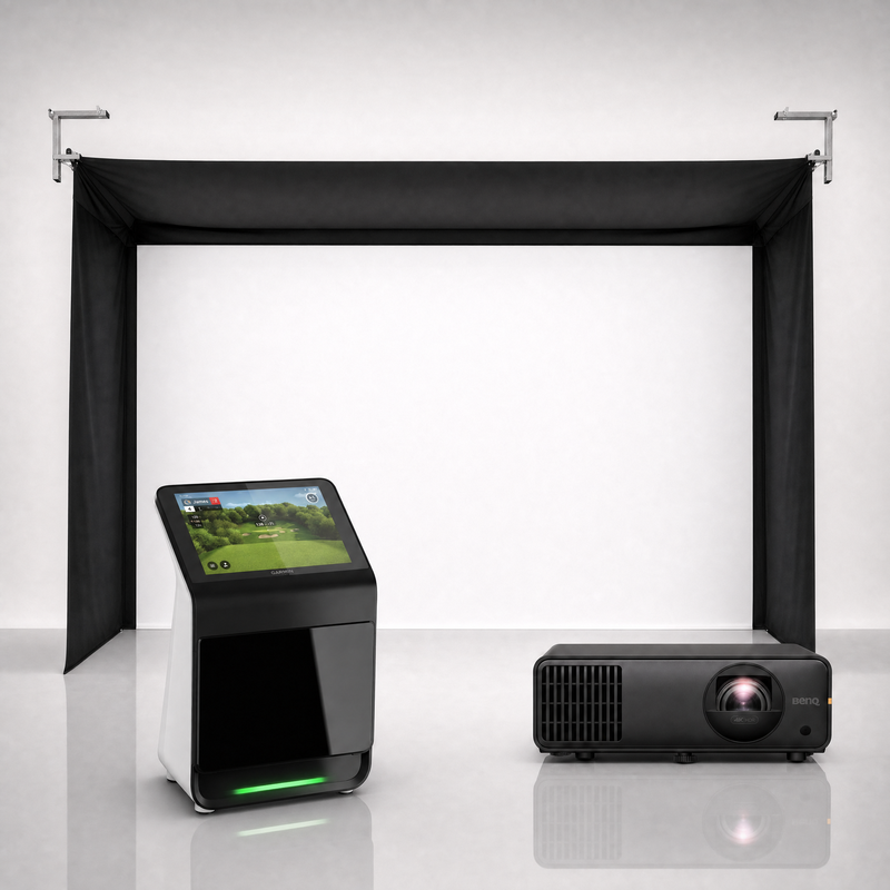 Garmin Approach R50 launch monitor package hero image showing the SportScreen Vanish Golf Simulator Enclosure with a BenQ short-throw projector on a grey studio background.