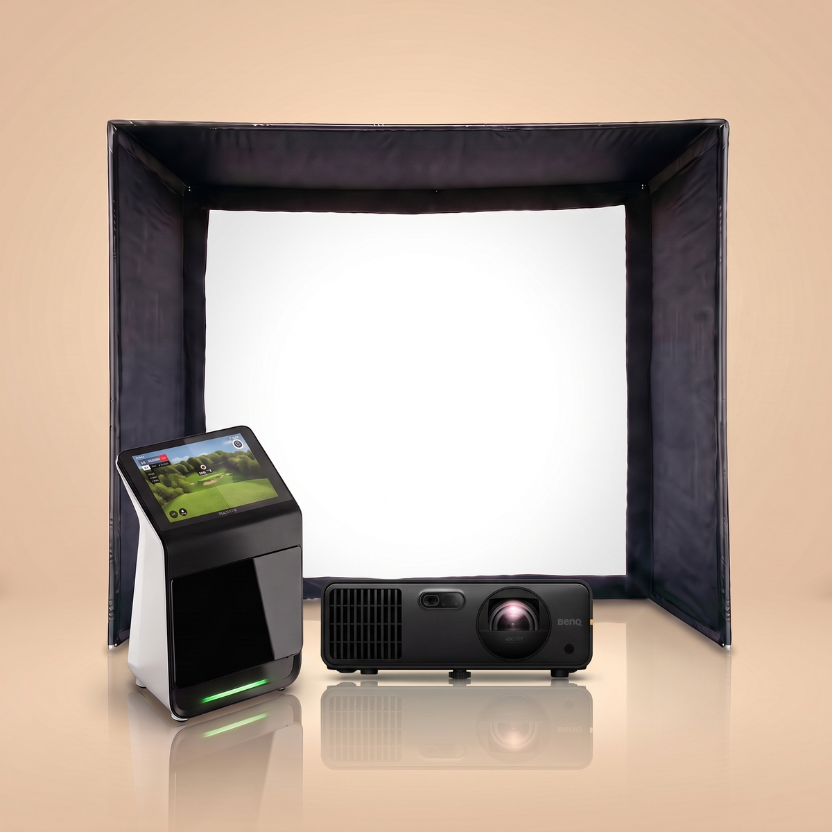 Garmin Approach R50 SIG DIY golf simulator package hero on a sand studio background.