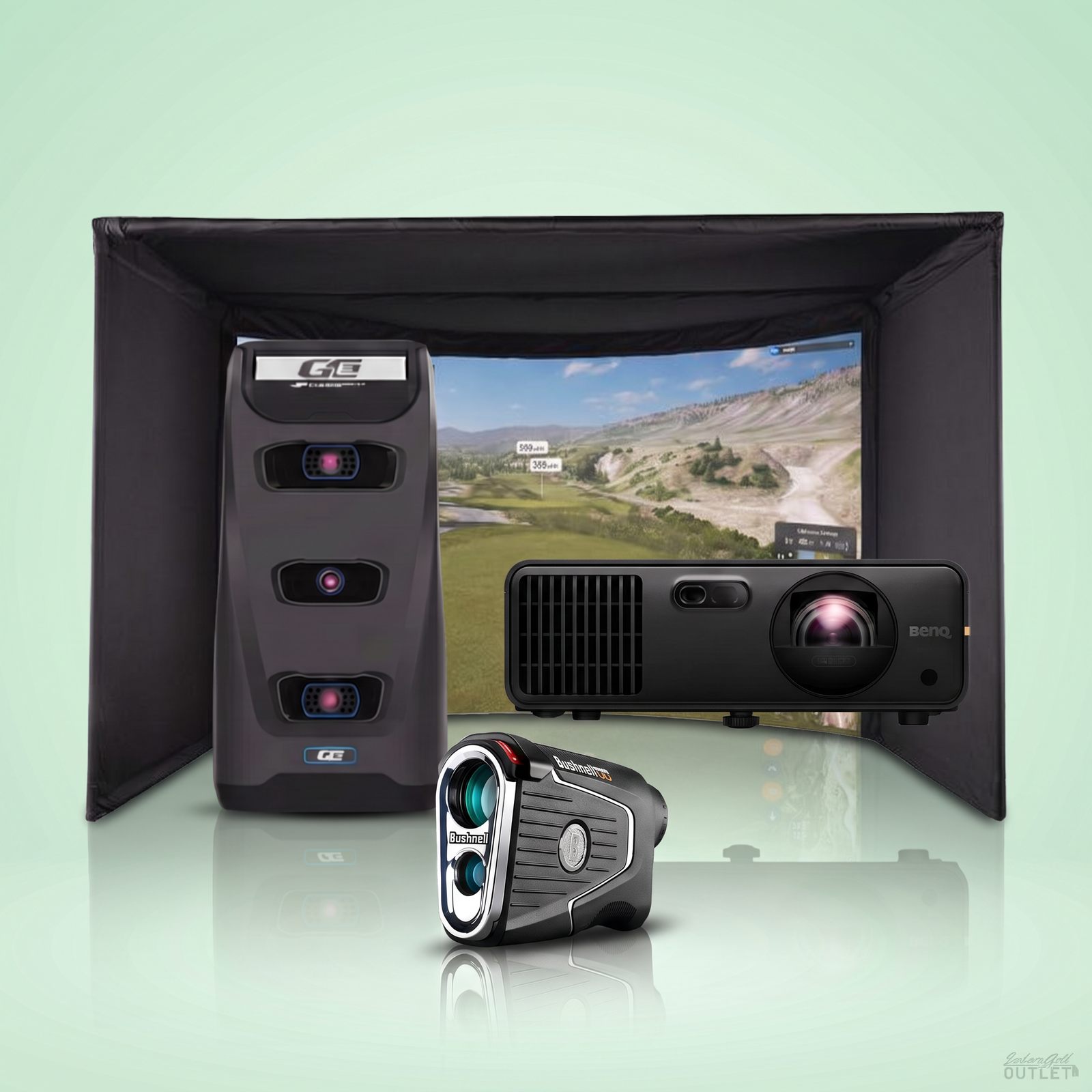 Foresight GC3 Carl's Place Curved golf simulator package hero on a mint studio background.