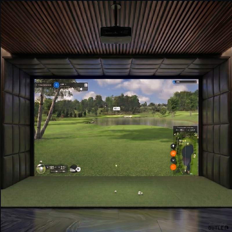 GolfIn IDRA II custom installed golf simulator room with leatherette wall and ceiling padding.