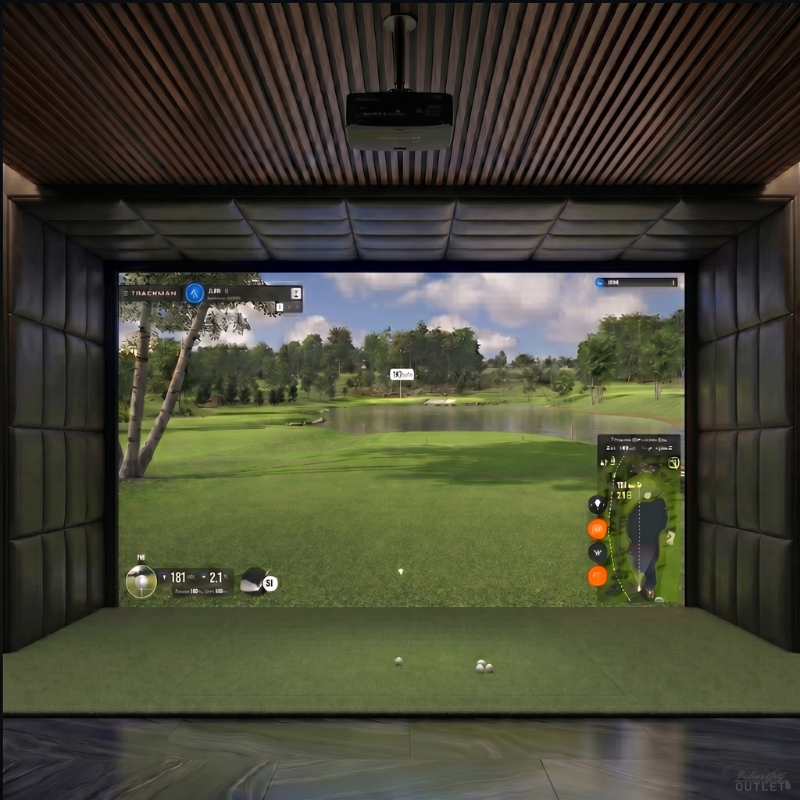GolfIn IDRA II custom installed golf simulator room with leatherette wall and ceiling padding.