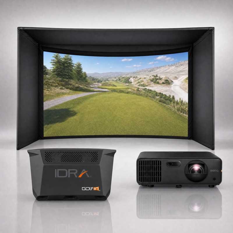GolfIn IDRA II launch monitor package hero image showing the Carl's Place Curved Golf Simulator Enclosure with a BenQ short-throw projector on a grey studio background.