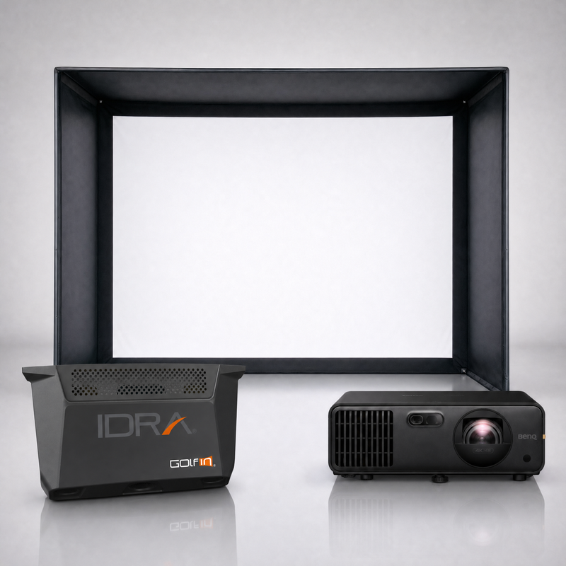 GolfIn IDRA II launch monitor package hero image showing the SIG DIY Golf Simulator Enclosure with a BenQ short-throw projector on a grey studio background.