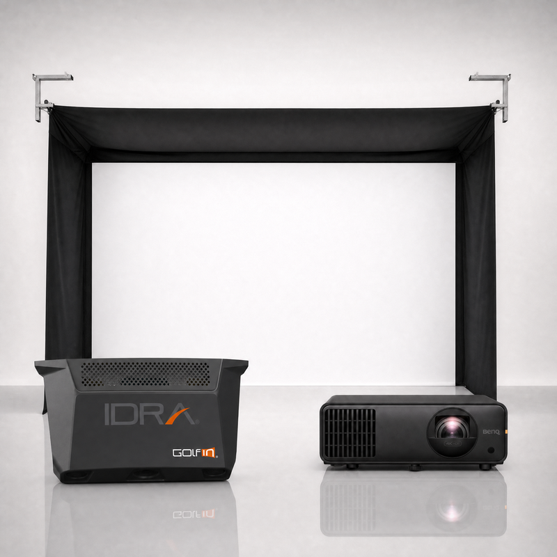 GolfIn IDRA II launch monitor package hero image showing the SportScreen Vanish Golf Simulator Enclosure with a BenQ short-throw projector on a grey studio background.