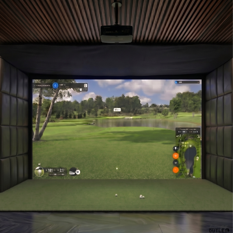 Trackman iO Home custom installed golf simulator room with leatherette wall padding and mesh ceiling.