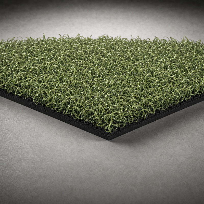 Close-up of the IGO Local Muni Hitting Strip corner showing the curly turf and black backing layers