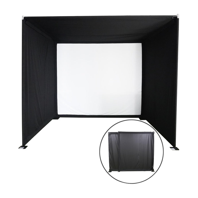 Impact Sports Foldable Golf Simulator Enclosure open for play with an inset showing it folded flat against the wall.