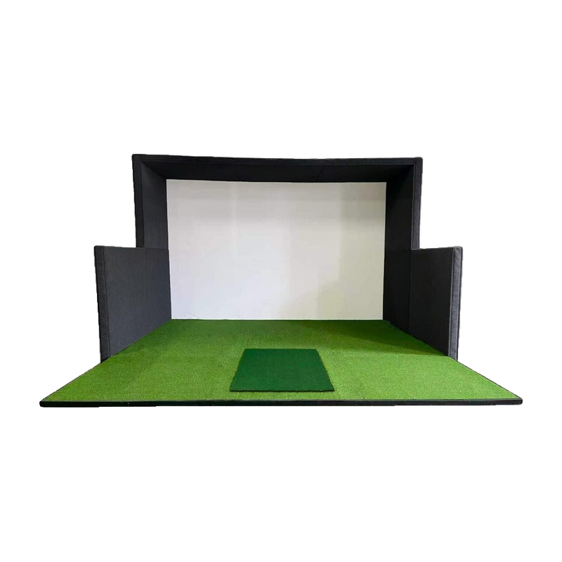 Impact Sports Modular Golf Simulator Enclosure front view with full extended side walls, turf floor and hitting strip.