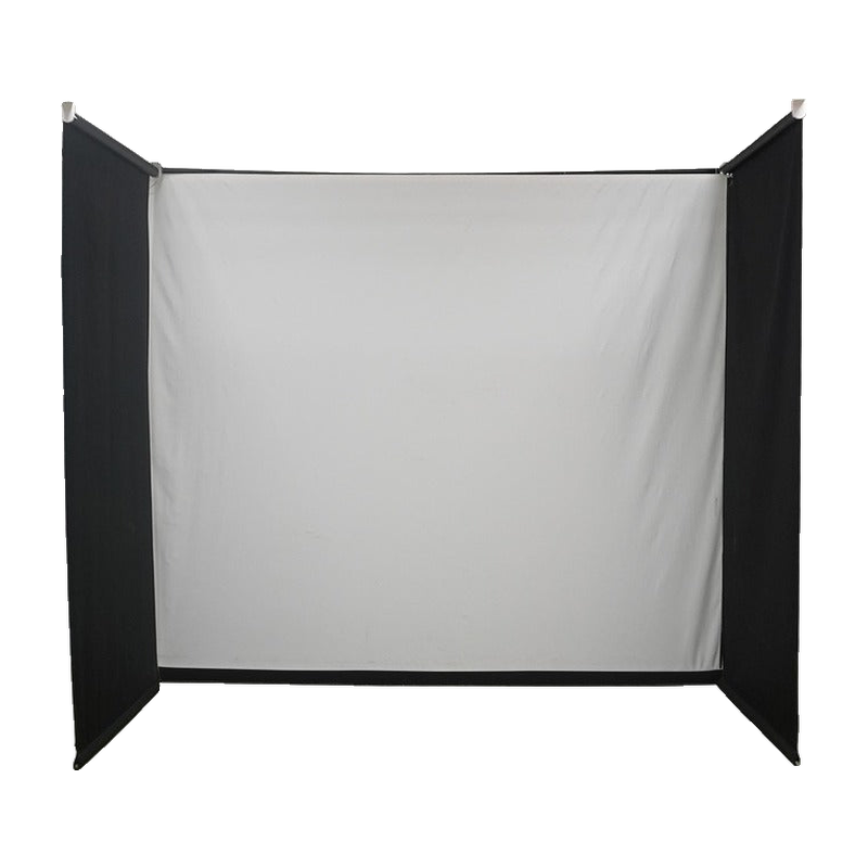 Impact Sports Motorized Drop-Down Golf Simulator Enclosure front view with the impact screen and both side walls lowered.