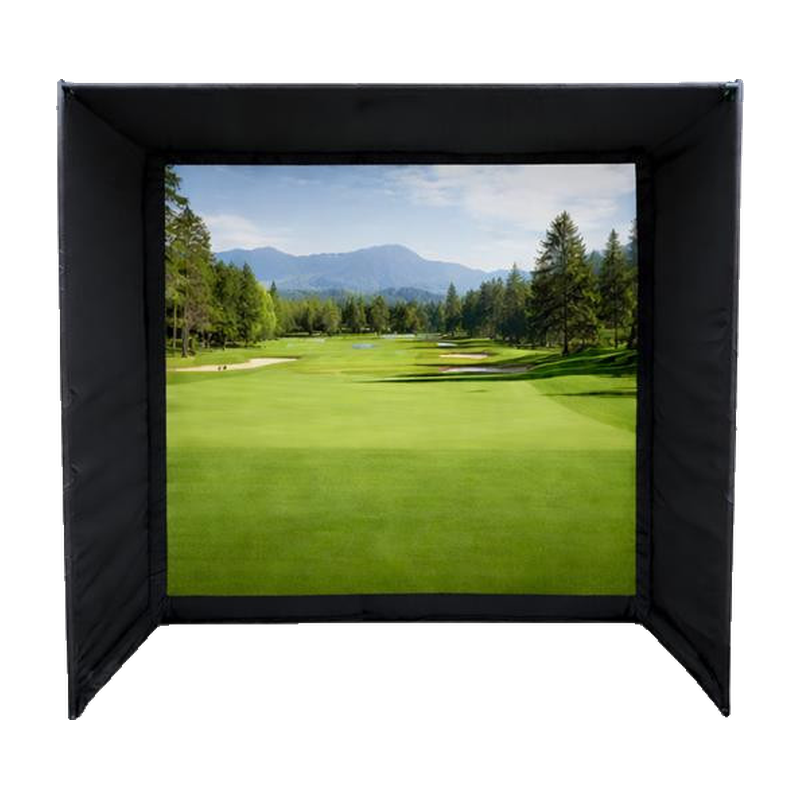Impact Sports Premium Deluxe Golf Simulator Enclosure with a golf course image projected onto the impact screen.