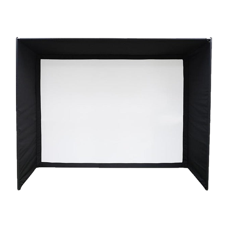 Impact Sports Standard Golf Simulator Enclosure front view of the black padded bungee enclosure with white impact screen.