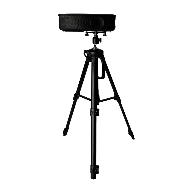 Impact Sports Tripod Projector Stand holding a short throw projector on the triangular steel mounting plate.
