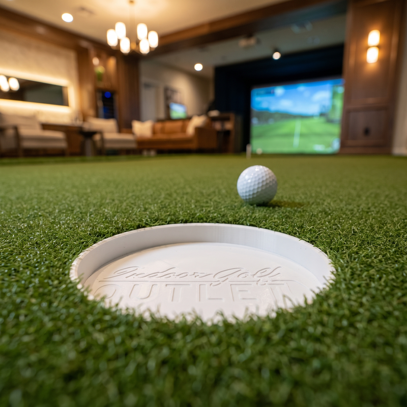 The Indoor Golf Outlet Putting Cup set flush into a putting green inside a luxury golf simulator room.