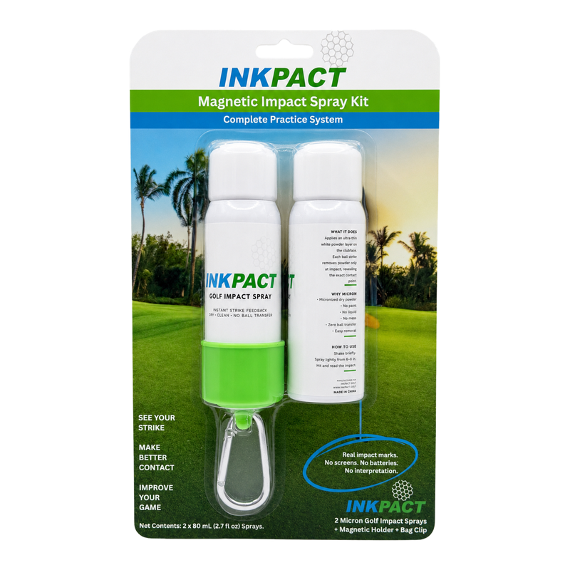 InkPact Micron Golf Impact Spray Kit in its blister pack with two Micron sprays, a magnetic quick connector and a carabiner clip.