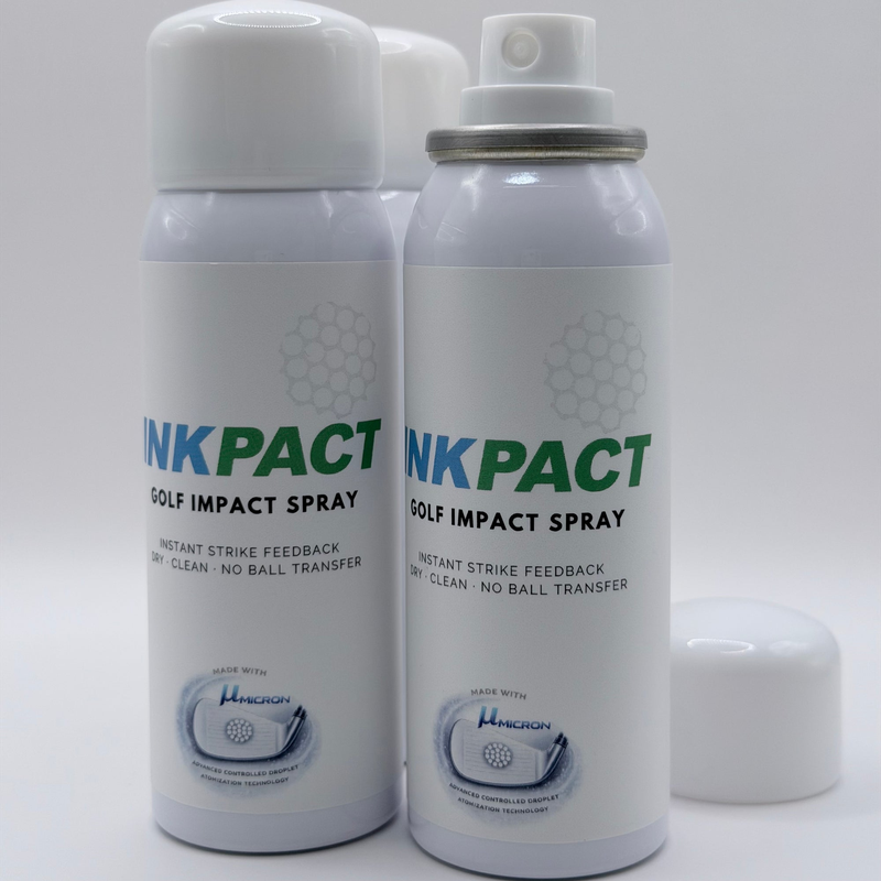 Two InkPact Micron golf impact sprays, one with the cap removed.