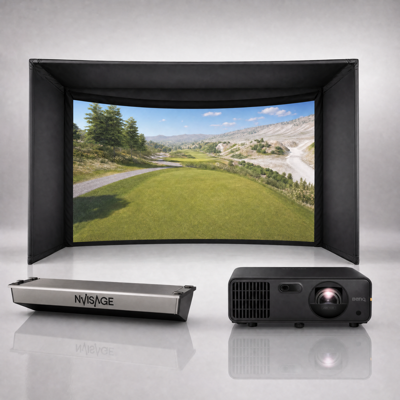 NVISAGE N1 launch monitor package hero image showing the Carl's Place Curved Golf Simulator Enclosure with a BenQ short-throw projector on a grey studio background.