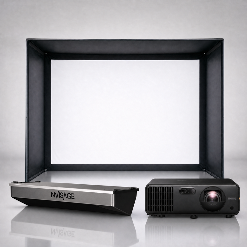 NVISAGE N1 launch monitor package hero image showing the SIG DIY Golf Simulator Enclosure with a BenQ short-throw projector on a grey studio background.