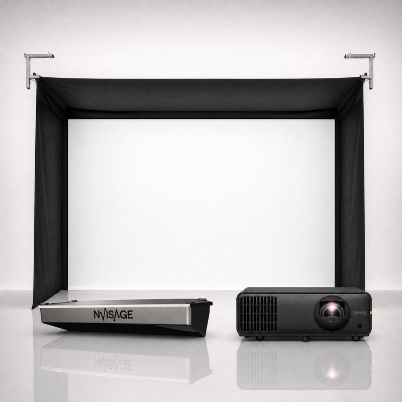 NVISAGE N1 launch monitor package hero image showing the SportScreen Vanish Golf Simulator Enclosure with a BenQ short-throw projector on a grey studio background.