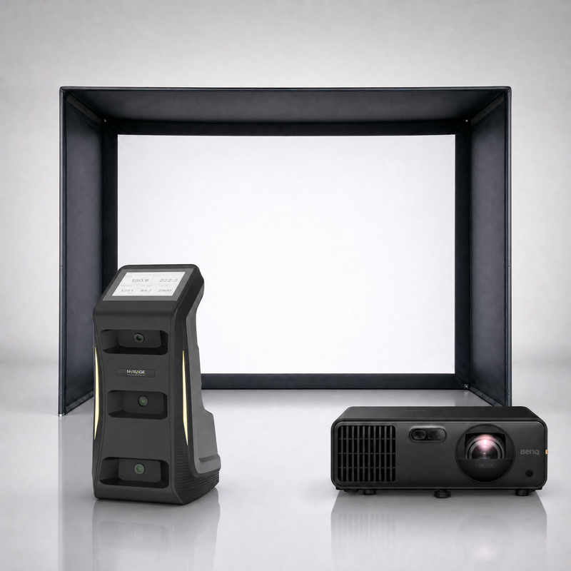 NVISAGE NEO-E launch monitor package hero image showing the SIG DIY Golf Simulator Enclosure with a BenQ short-throw projector on a grey studio background.