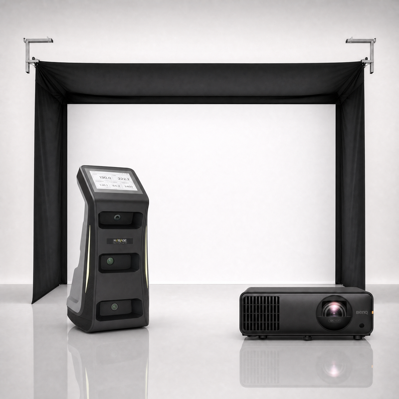 NVISAGE NEO-E launch monitor package hero image showing the SportScreen Vanish Golf Simulator Enclosure with a BenQ short-throw projector on a grey studio background.