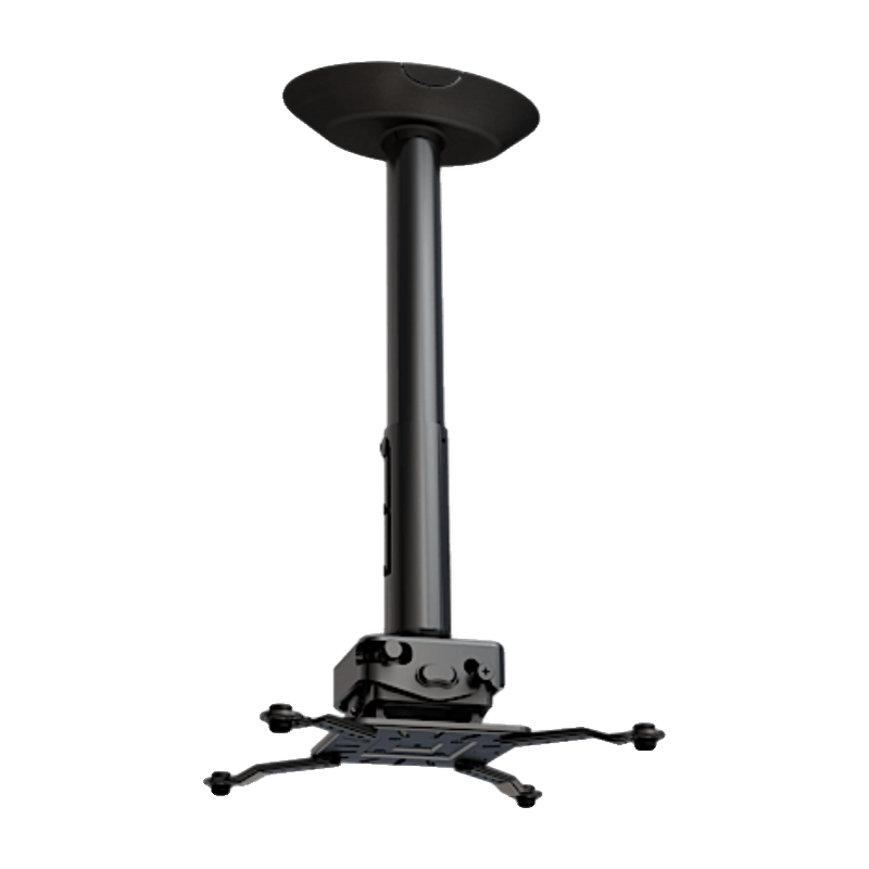 Projector Ceiling Mount with Extension Bar and JR3 Universal Adapter with angled view of black ceiling mount and arm.