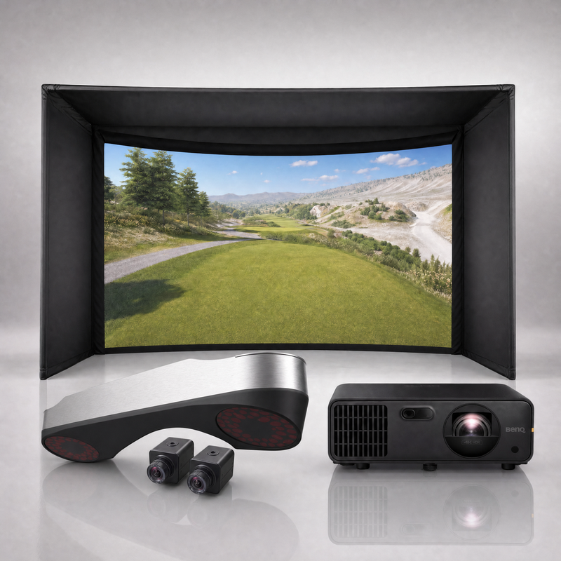ProTee United VX launch monitor package hero image showing the Carl's Place Curved Golf Simulator Enclosure with a BenQ short-throw projector on a grey studio background.