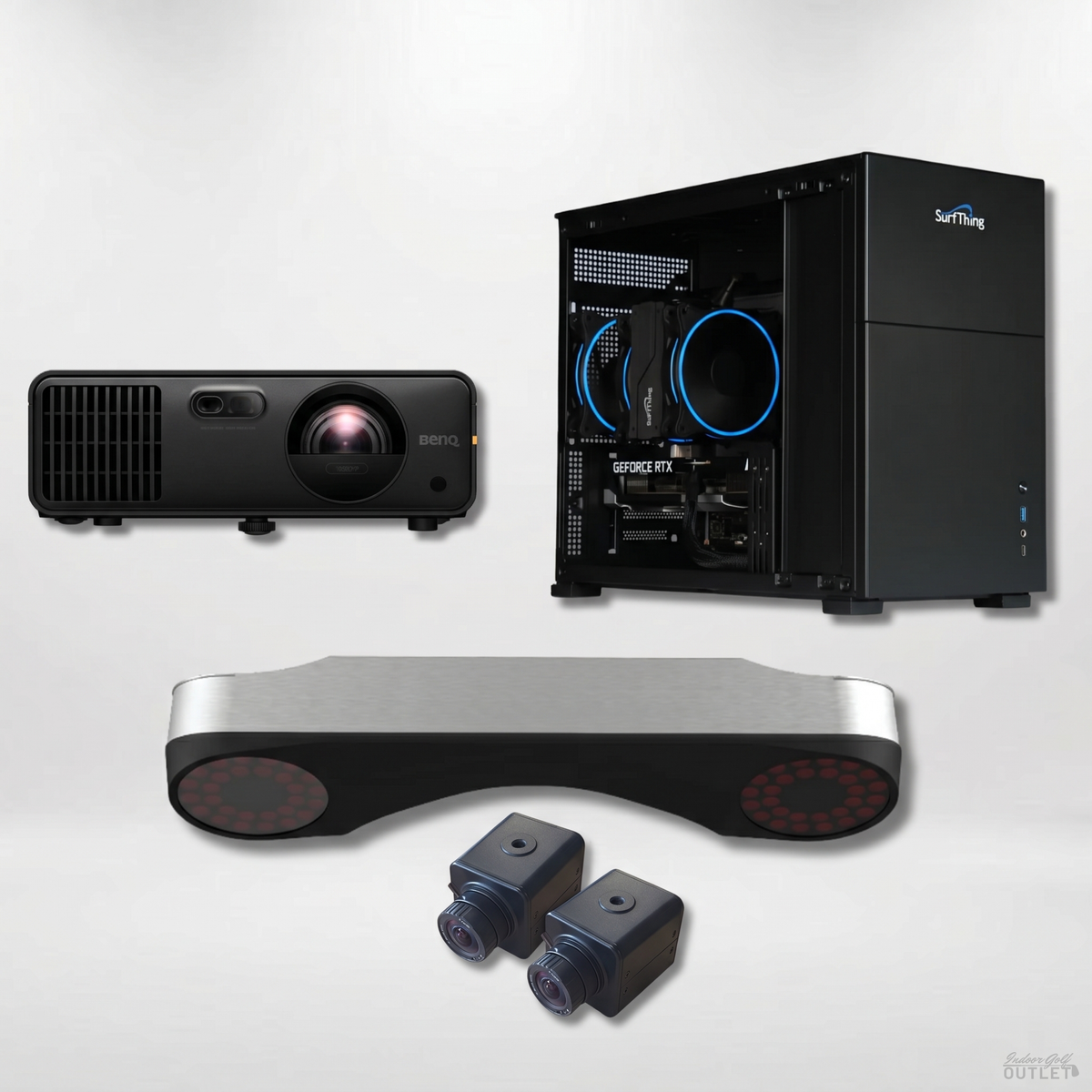 ProTee United VX Launch Monitor Golf Simulator Computer Projector Package — shown with the two ProTee VX swing cameras.