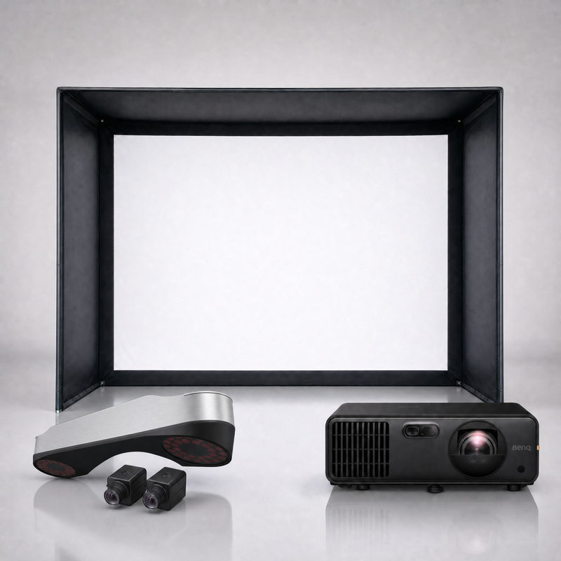 ProTee United VX launch monitor package hero image showing the SIG DIY Golf Simulator Enclosure with a BenQ short-throw projector on a grey studio background.