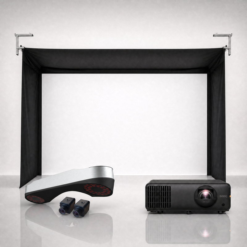 ProTee United VX launch monitor package hero image showing the SportScreen Vanish Golf Simulator Enclosure with a BenQ short-throw projector on a grey studio background.