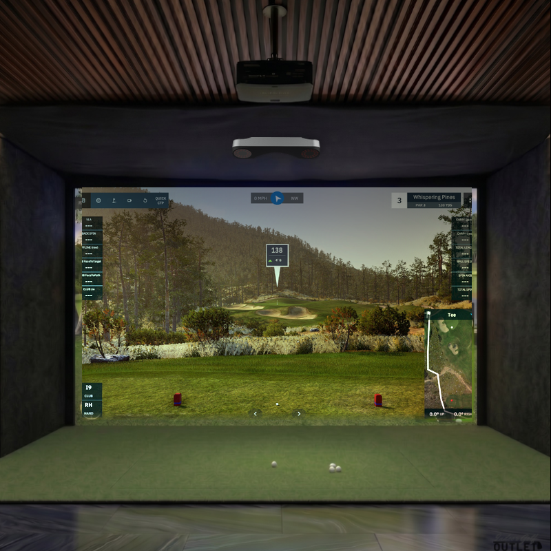 ProTee United VX custom installed golf simulator room with acoustic carpet wall padding and mesh ceiling.
